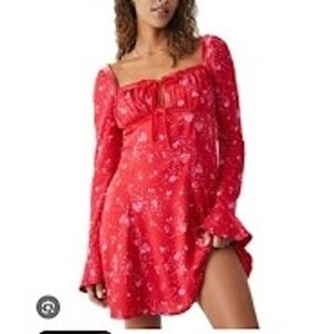 Free People Tess Mini Dress‎ Floral Velvet Trim Long Sleeve Red S